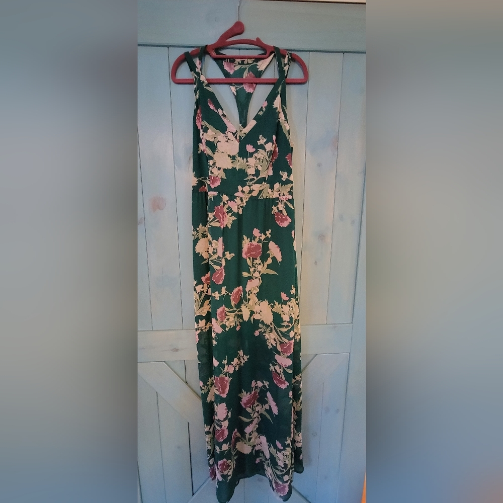 NY&Co emerald green and purple full length dress, lined to the knee, sz Small - Picture 3 of 4